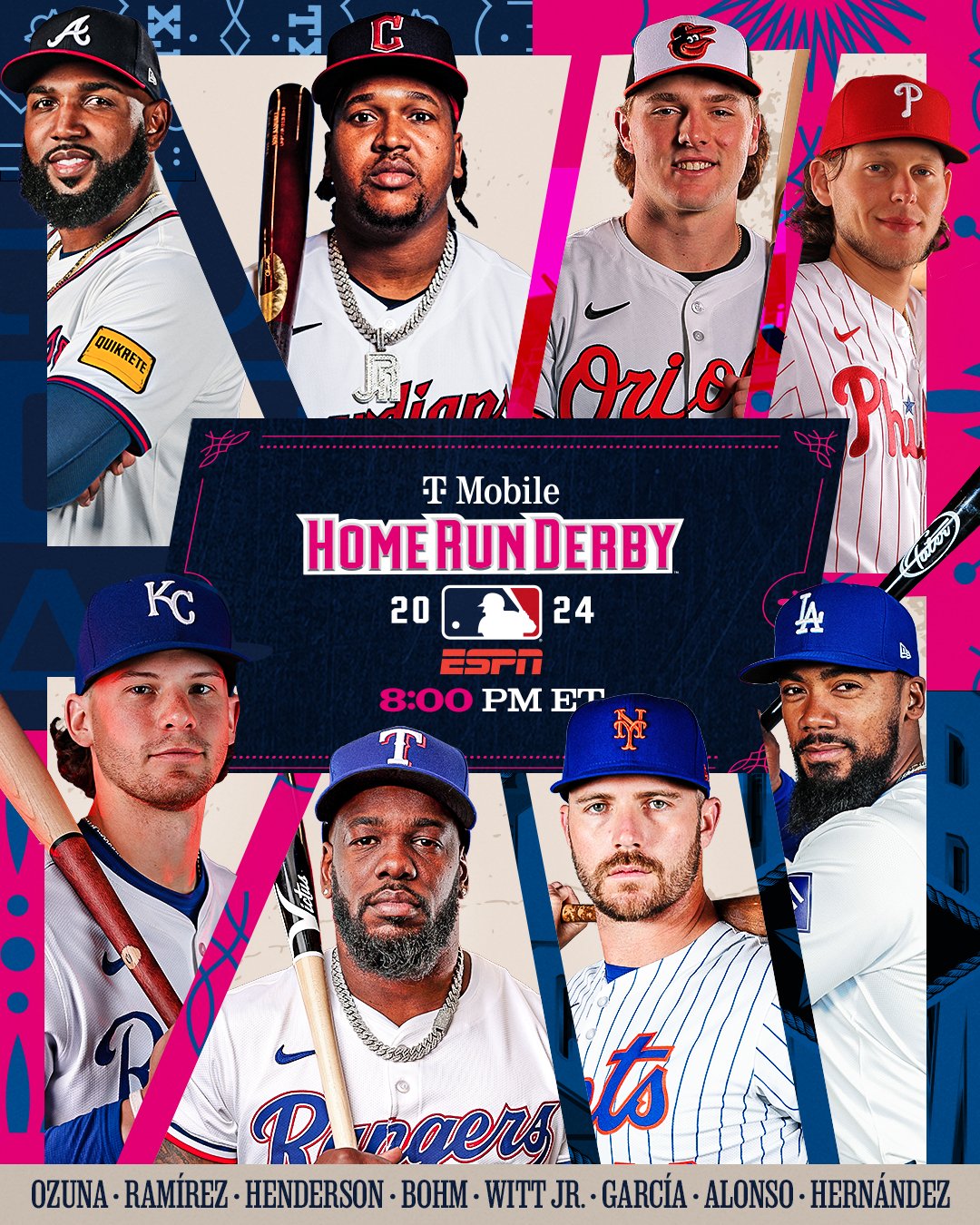 Home Run Derby Hype Graphic2024 Home Run Derby presented by TMobile on ESPN at 8:00 PM ETPictured: cutouts of Home Run Derby participants Marcell Ozuna, José Ramírez, Gunnar Henderson, Alec Bohm, Bobby Witt Jr., Adolis García, Pete Alonso and Teoscar Hernández