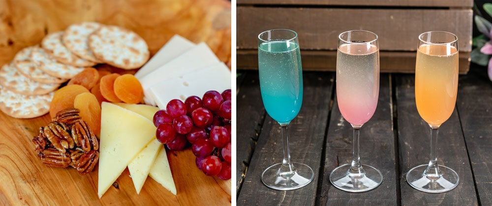 California Artisan Cheese Plate with grapes with dried apricots and glazed pecans and Mimosas