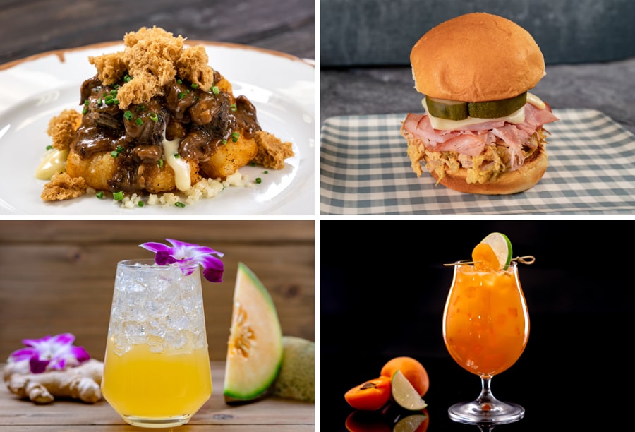 Beef & Barley Poutine, Cubano Slider,  Sake Melon'75, and Apricot Tequila Colada.