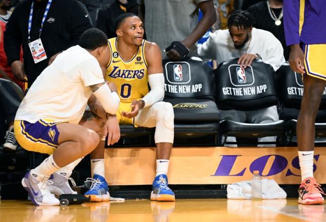 Lakers Russell Westbrook comes out of the game against the Clippers late in the fourth quarter