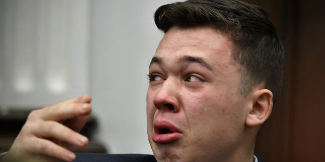 KENOSHA, WISCONSIN - NOVEMBER 10:  Kyle Rittenhouse breaks down on the stand as he testifies.