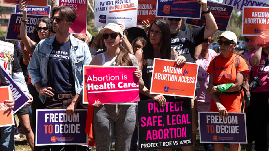 Members of Arizona for Abortion Access, the ballot initiative to enshrine abortion rights in the Arizona State Constitution, hold a press conference and protest condemning Arizona House Republicans and the 1864 abortion ban during a recess from a legislative session at the Arizona House of Representatives on April 17, 2024 in Phoenix, Arizona. 