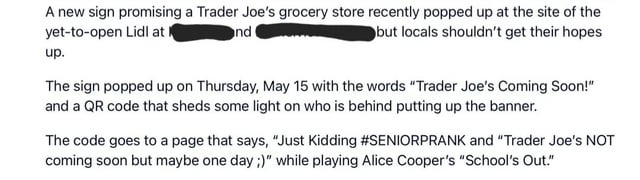 r/traderjoes - Senior Prank about new TJ's location